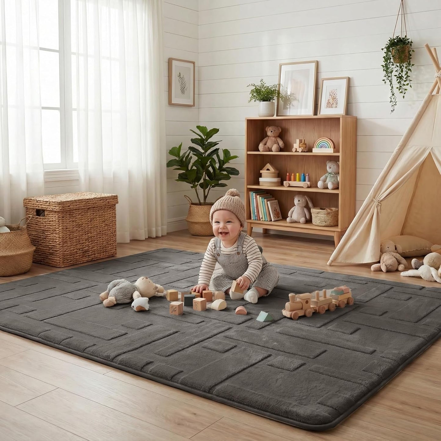 Baby Play Mat for Floor, 1.3" Thick 79x158 Plush Soft Foam Mats for Toddler Kids Crawling, Non-Slip Easy Care Nursery Rug for Playroom Living Room