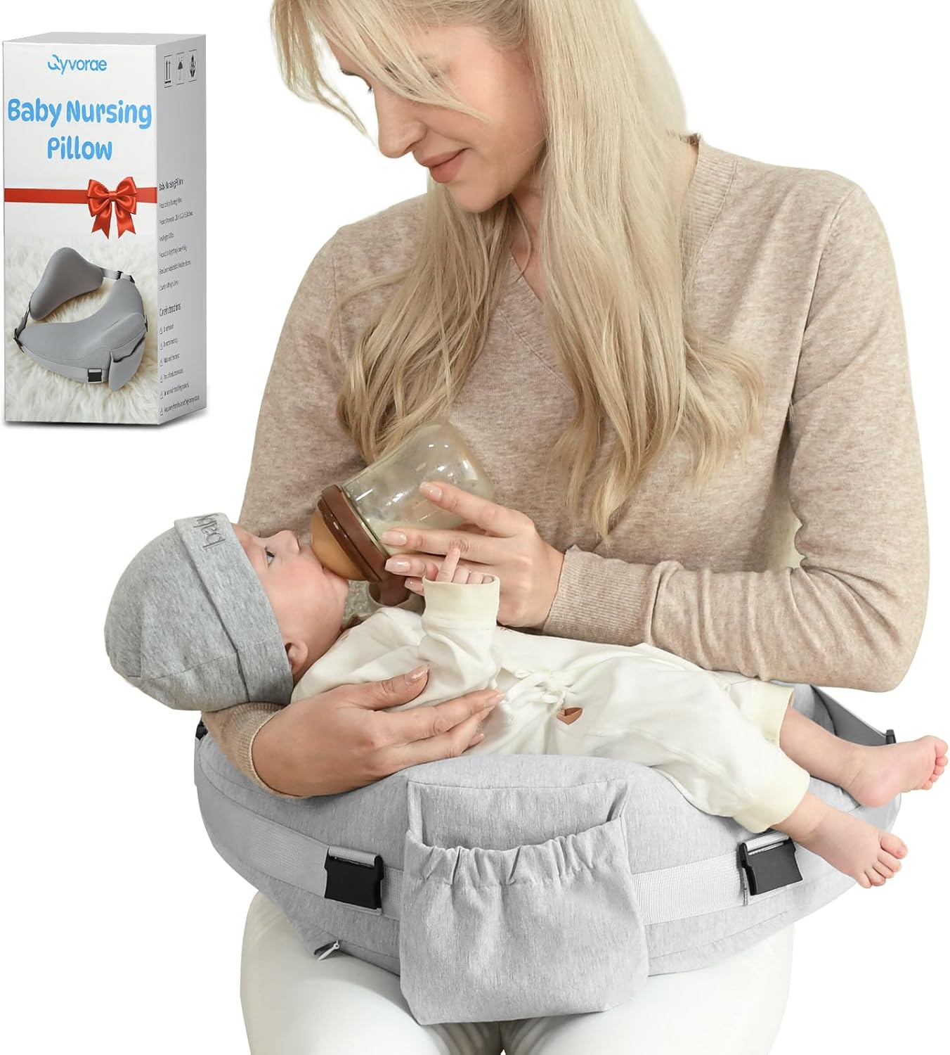 Nursing Pillow - Adjustable Waist Strap with 2 Removable Cotton Cover, Memory Foam - Stable, Ergonomic Support, Easier Breastfeeding - Newborn Essentials Must Haves Baby Registry Search