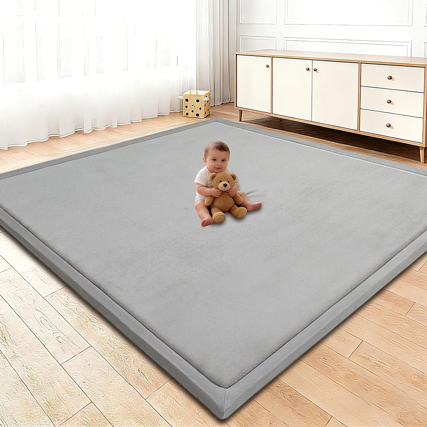 Baby Play Mat for Floor, 1.3 Inch Thick Memory Foam Tummy Time Mat with Non Slip Backing, Soft Coral Velvet 50×50 Inch Playpen Mat Crawling Tatami for Infants Toddlers Kids