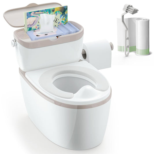 3-in-1 Toddler Potty Training Toilet with Flushing Sound – Potty Chair with Wipes Storage & Toilet Paper Holder (18+ Months) | White