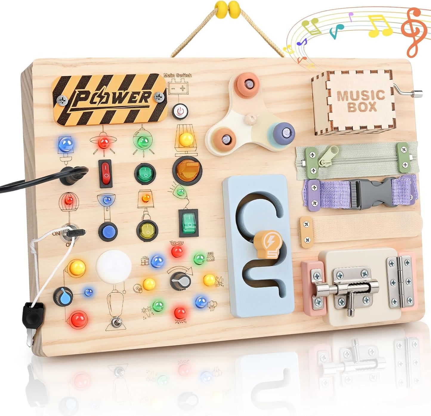 Wooden Montessori Busy Board for Toddlers – Sensory Learning Activity Board with Switches, Music Box & Locks