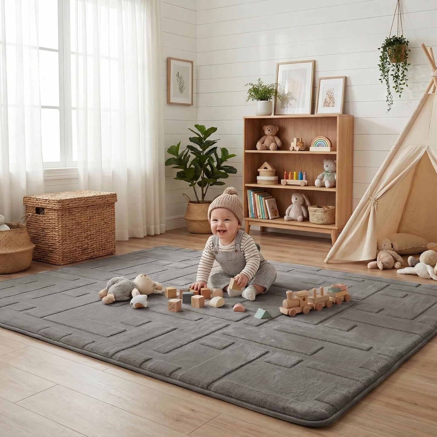 Baby Play Mat for Floor, 1.3" Thick 79x158 Plush Soft Foam Mats for Toddler Kids Crawling, Non-Slip Easy Care Nursery Rug for Playroom Living Room
