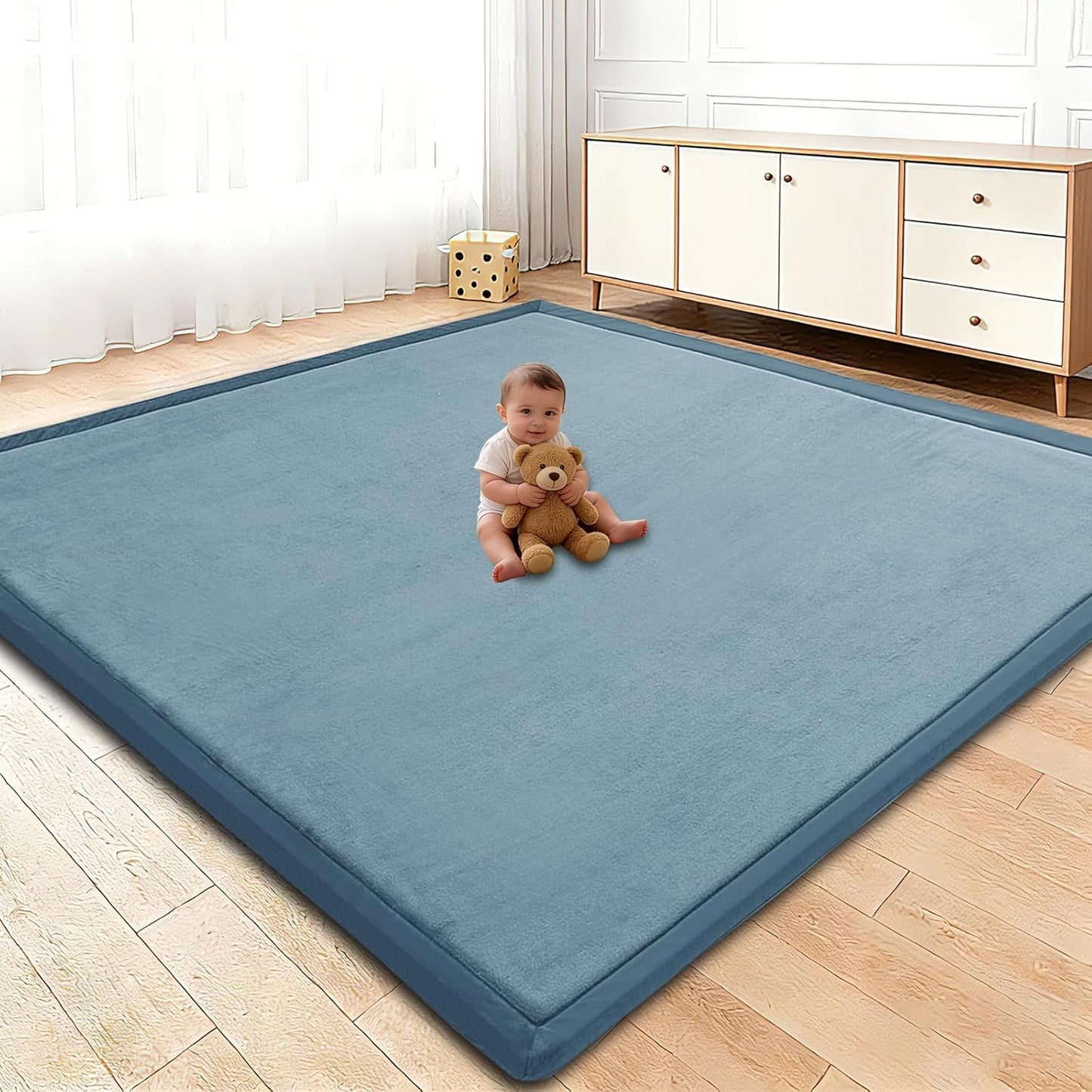 Baby Play Mat for Floor, 1.3 Inch Thick Memory Foam Tummy Time Mat with Non Slip Backing, Soft Coral Velvet 50×50 Inch Playpen Mat Crawling Tatami for Infants Toddlers Kids