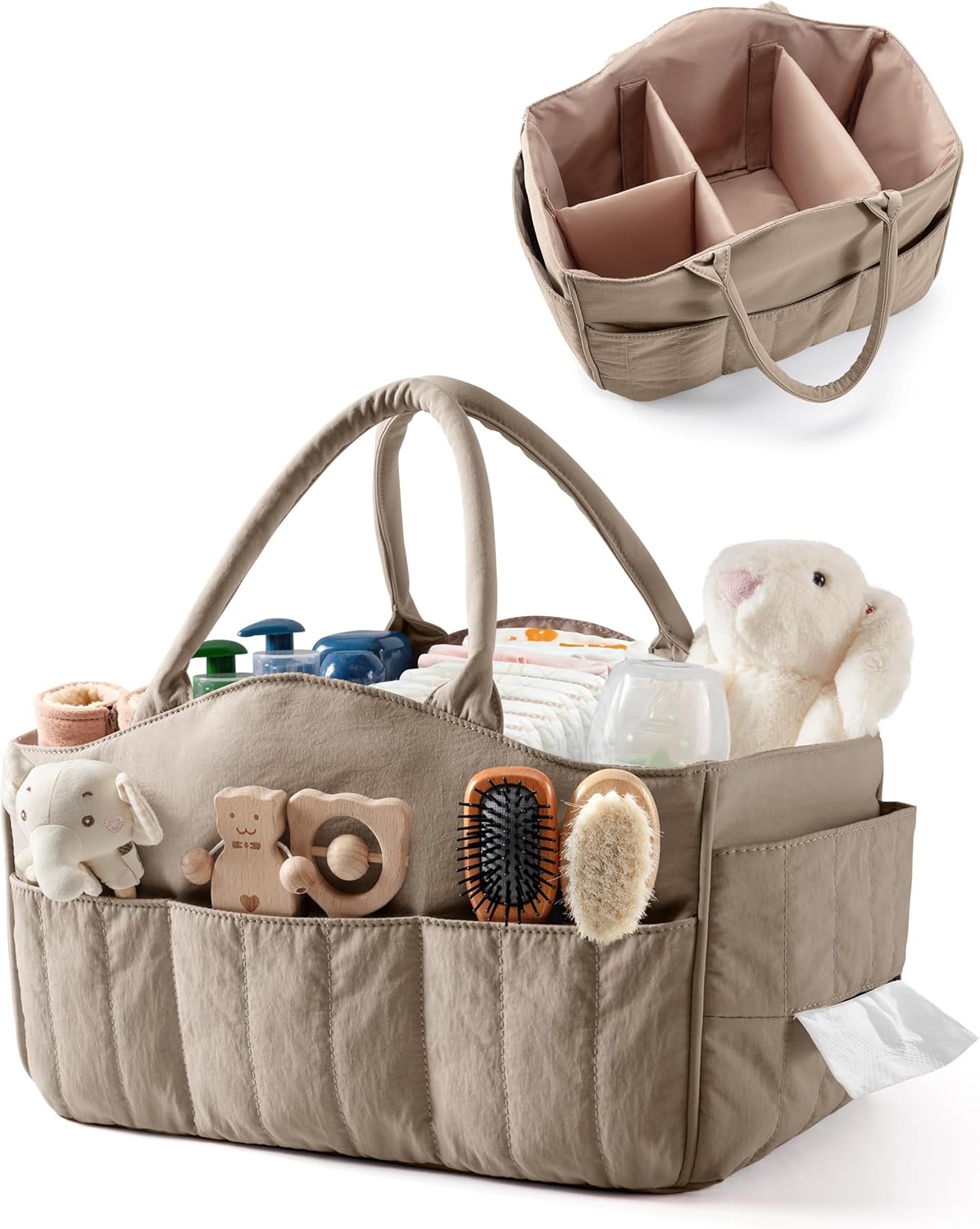 Baby Diaper Caddy with Detachable Dividers and Wipes Pocket, Lightweight Baby Caddy Organizer with Handles and 8 Pockets for Baby Stuff, Camel