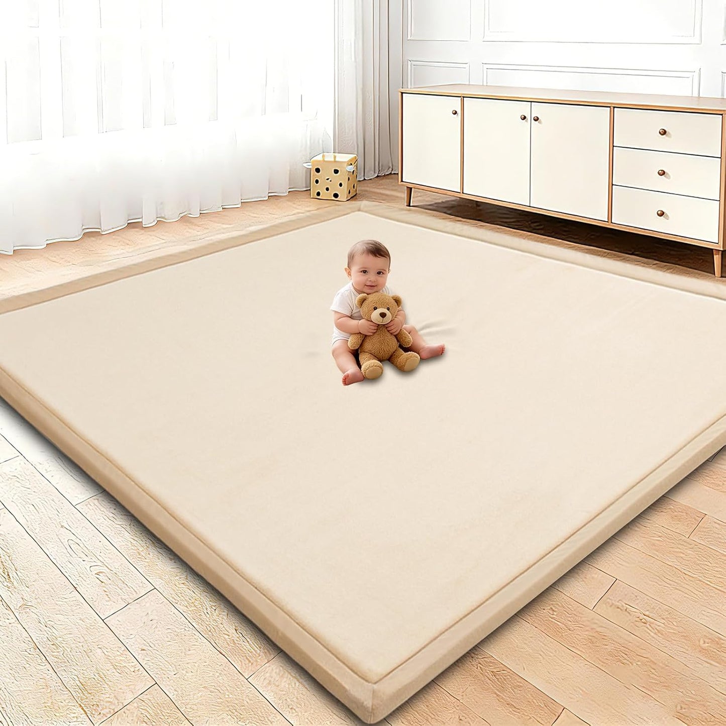 Baby Play Mat for Floor, 1.3 Inch Thick Memory Foam Tummy Time Mat with Non Slip Backing, Soft Coral Velvet 50×50 Inch Playpen Mat Crawling Tatami for Infants Toddlers Kids