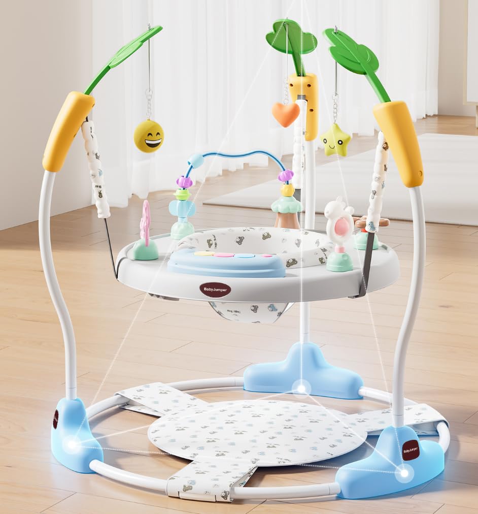 Baby Jumper 4-Stage Convertible| Montessori -Inspired 8 Interactive Toys| Tummy Time Playmat, Bouncer, Exersaucer, Toddler Table| Music & Lights | 3-6, 6-12, 12-18, 12-24 Months - Gray