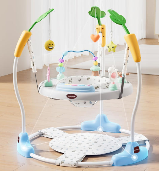 Baby Jumper 4-Stage Convertible| Montessori -Inspired 8 Interactive Toys| Tummy Time Playmat, Bouncer, Exersaucer, Toddler Table| Music & Lights | 3-6, 6-12, 12-18, 12-24 Months - Gray
