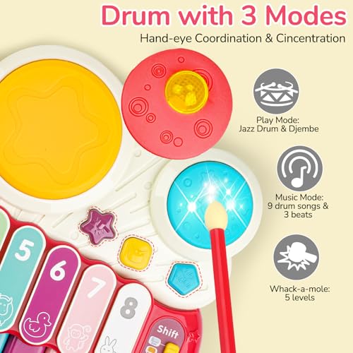 AugToy 3-in-1 Musical Toys for Toddlers  Piano, Xylophone & Drum Set for Kids Ages 1–3
