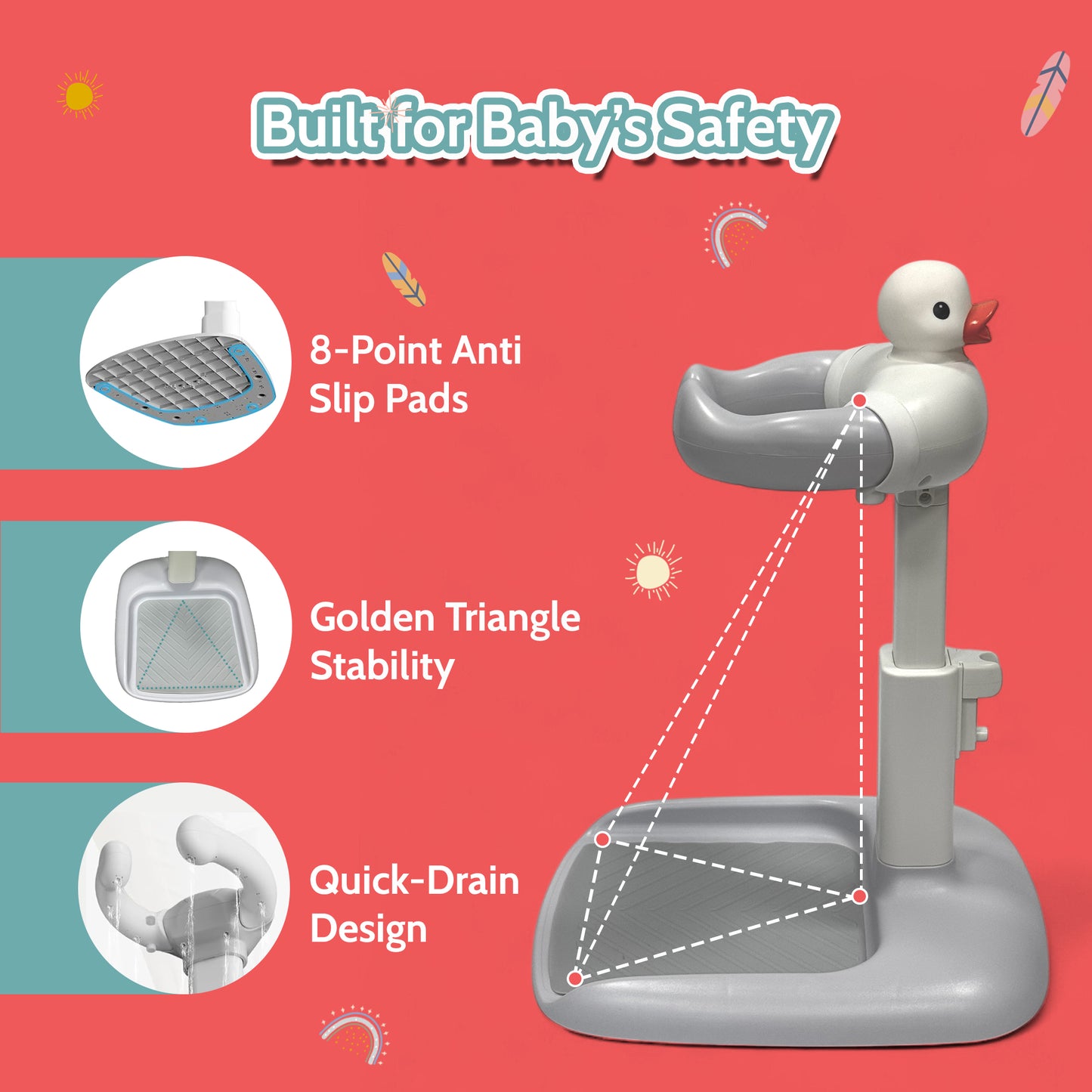 BEBECAN Adjustable Baby Shower Standing Support with Seat & Anti-Slip Base for Bath Tub, 2 in 1 Stand Up Safe Bathing for 6–36 Months, Free Mother Hands with Shower Holder