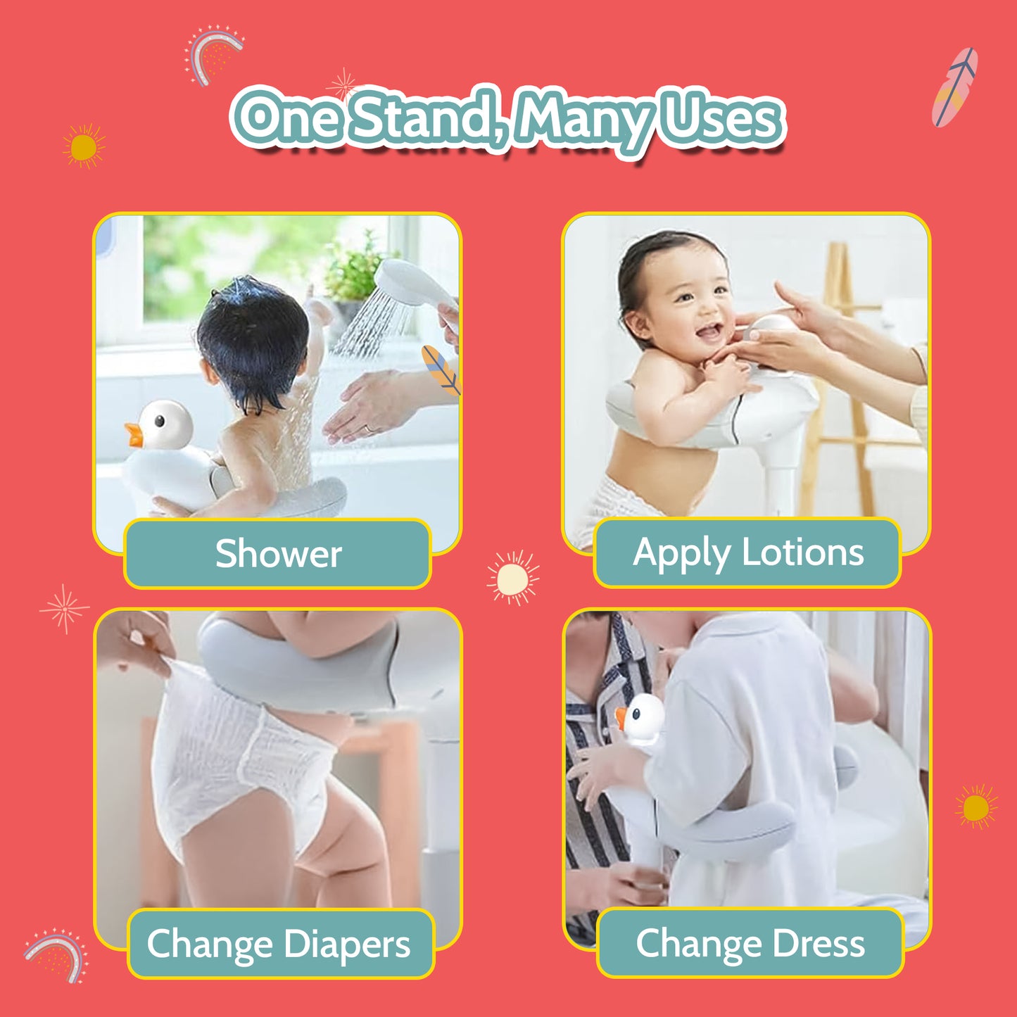 BEBECAN Adjustable Baby Shower Standing Support with Seat & Anti-Slip Base for Bath Tub, 2 in 1 Stand Up Safe Bathing for 6–36 Months, Free Mother Hands with Shower Holder