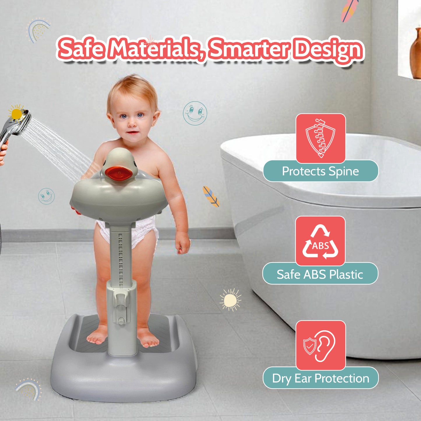 BEBECAN Adjustable Baby Shower Standing Support with Seat & Anti-Slip Base for Bath Tub, 2 in 1 Stand Up Safe Bathing for 6–36 Months, Free Mother Hands with Shower Holder