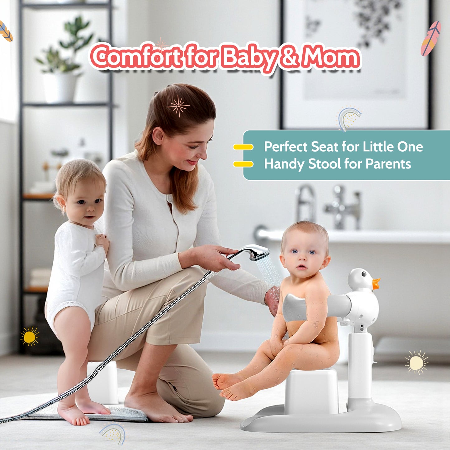 BEBECAN Adjustable Baby Shower Standing Support with Seat & Anti-Slip Base for Bath Tub, 2 in 1 Stand Up Safe Bathing for 6–36 Months, Free Mother Hands with Shower Holder