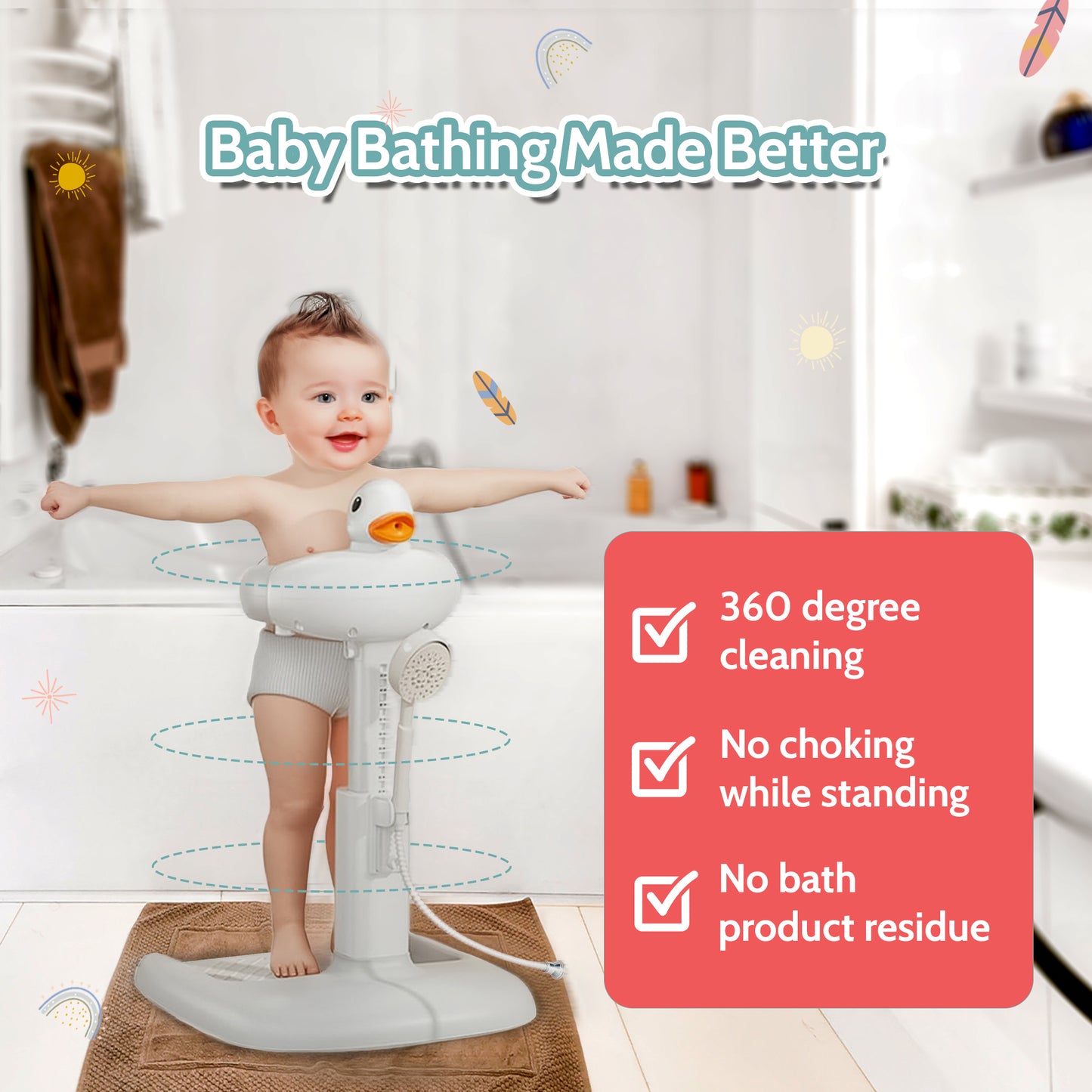 BEBECAN Adjustable Baby Shower Standing Support with Seat & Anti-Slip Base for Bath Tub, 2 in 1 Stand Up Safe Bathing for 6–36 Months, Free Mother Hands with Shower Holder