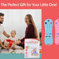 BEBECAN Silicone Baby Remote Teether in blue pink and black with a baby and parents playing in the background