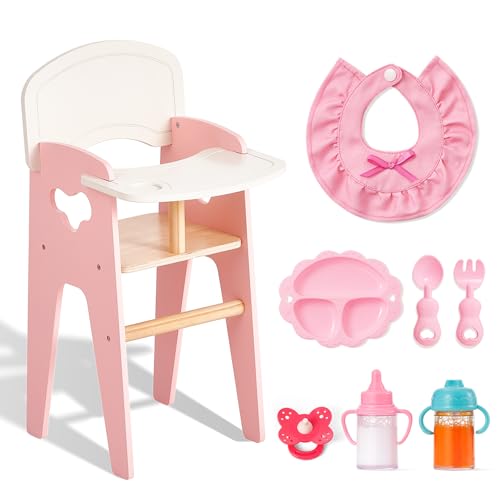 Wooden Baby Doll High Chair Feeding Set | Pretend Play Toy for Kids
