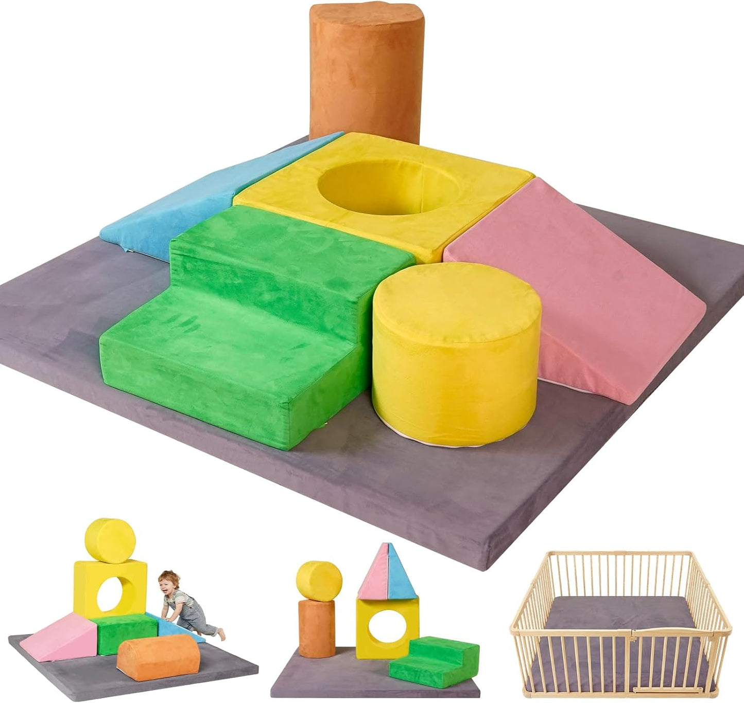 Toddler Foam Climbing Blocks & Play Mat Set (47×47 in) – Soft Climb & Crawl Motor Skill Play Gym