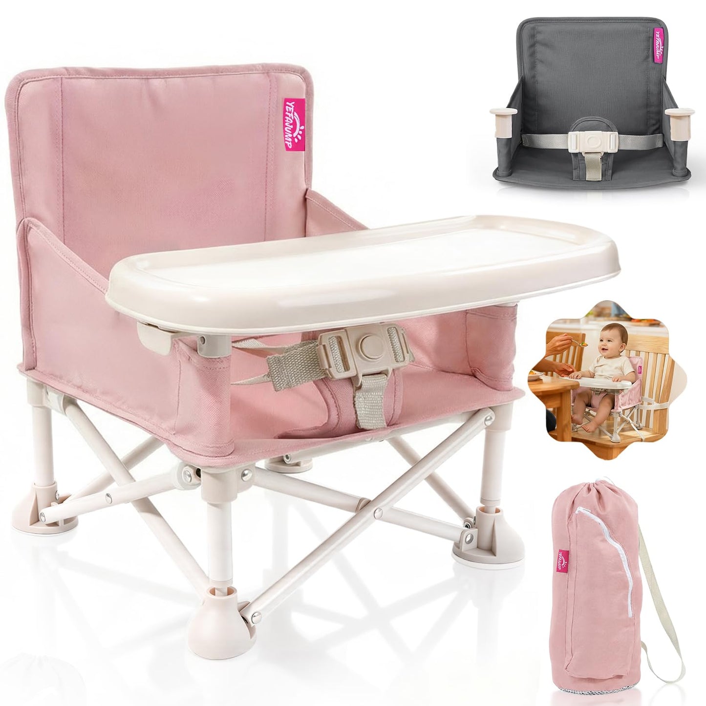 Portable Baby Chair, Baby Booster Seat with 2-Pack Seat Covers & Travel Bag for Camping & Baby Beach Chair | Toddler Folding Chair with Tray, Tip-Free Design, Straps to Kitchen Chairs
