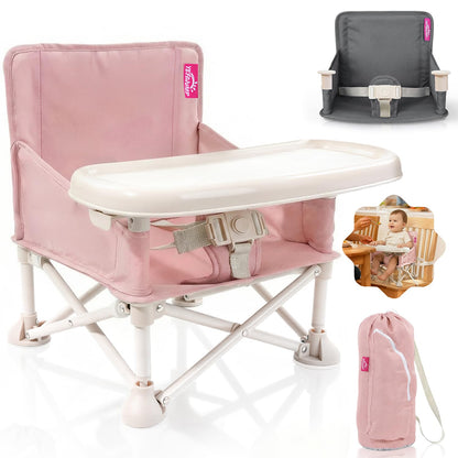 Portable Baby Chair, Baby Booster Seat with 2-Pack Seat Covers & Travel Bag for Camping & Baby Beach Chair | Toddler Folding Chair with Tray, Tip-Free Design, Straps to Kitchen Chairs