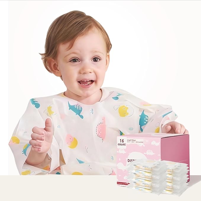 Disposable Baby Bibs for Baby Boys and Girls - Long Sleeve Bib Individually Wrapped Waterproof Baby Bibs 16 pcs