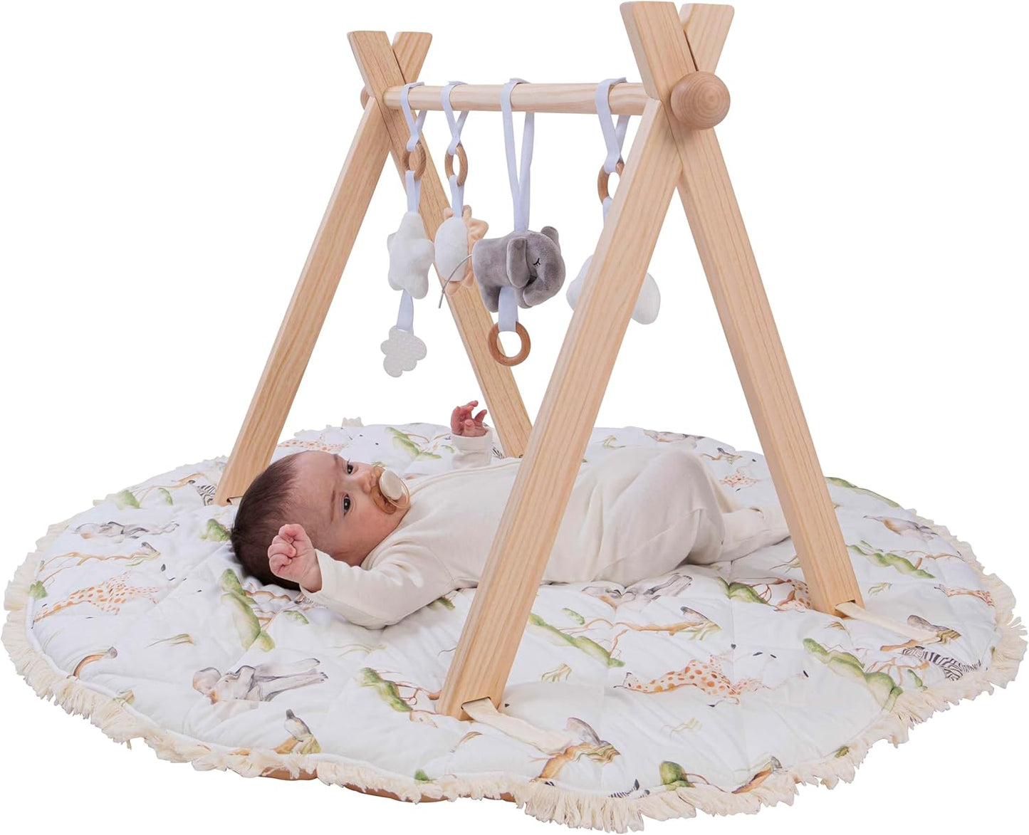 Montessori Wooden Baby Play Gym and Mat | Heirloom-Quality FSC Pine, Reversible Washable Mat, Includes Hanging Toys | Neutral Baby Activity Gym for Newborn to 6 Months
