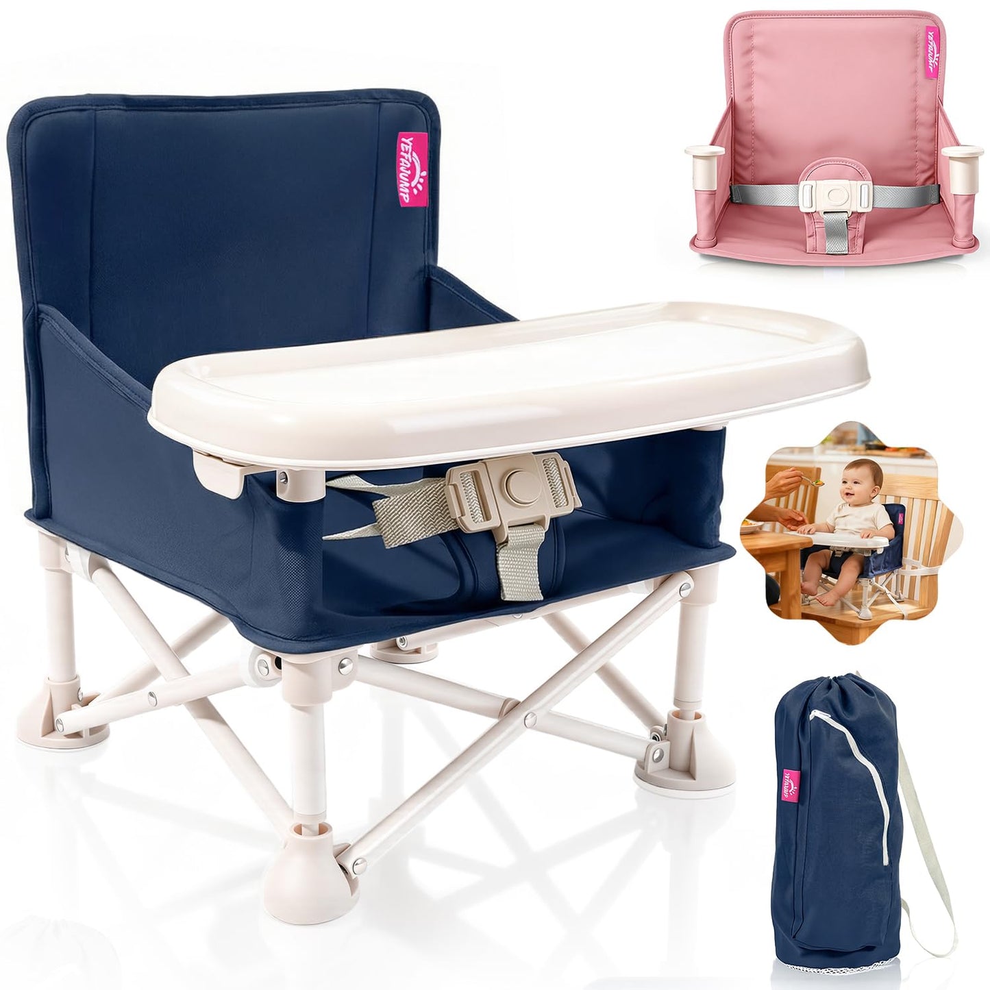 Portable Baby Chair, Baby Booster Seat with 2-Pack Seat Covers & Travel Bag for Camping & Baby Beach Chair | Toddler Folding Chair with Tray, Tip-Free Design, Straps to Kitchen Chairs