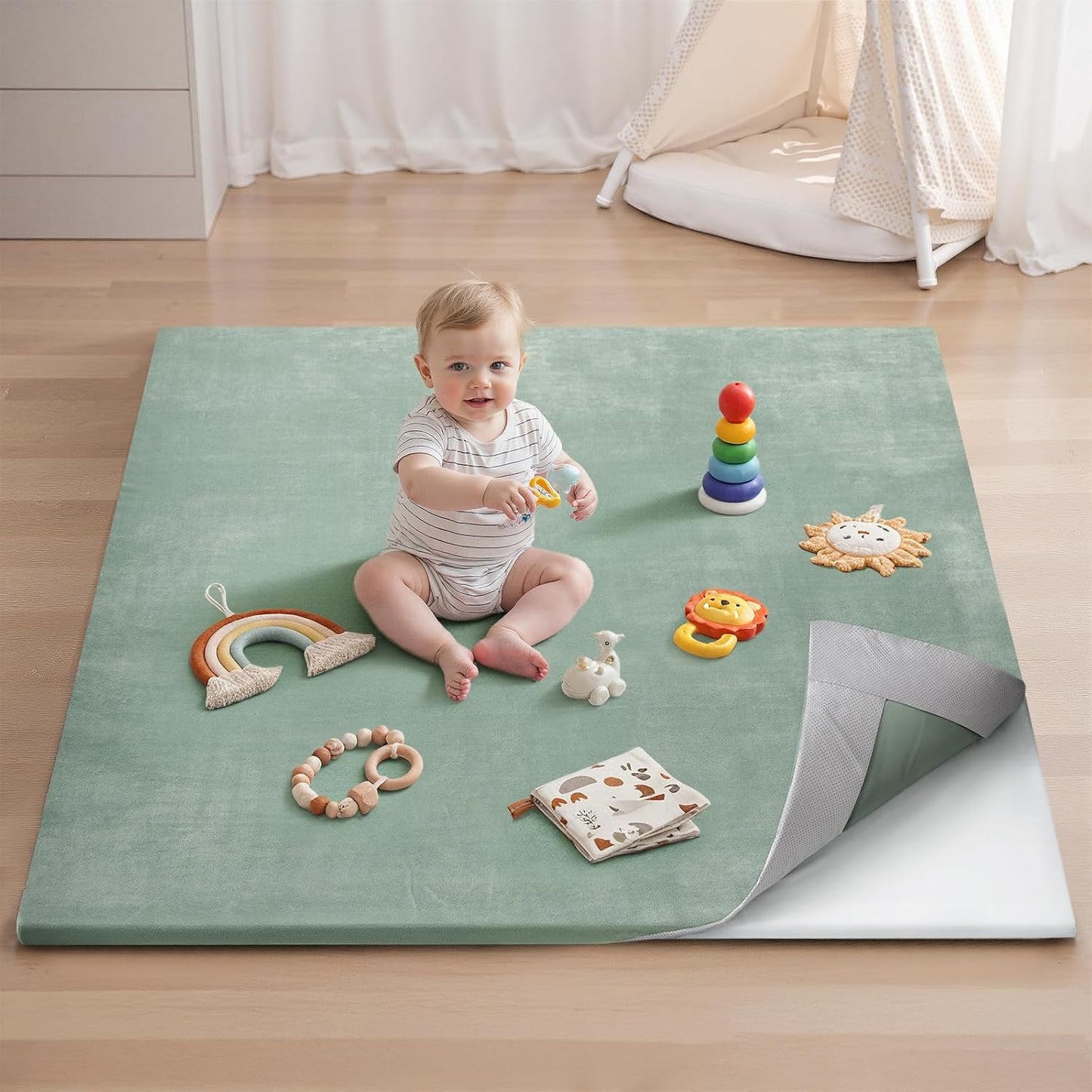 Thick Baby Play Mat 1.3'', 50x50 Playpen Mat with Removable & Washable Cover, Ultra Soft Crawling Rug for Floor, Foam Cushion & Non-Slip Backing for Kids, Toddlers