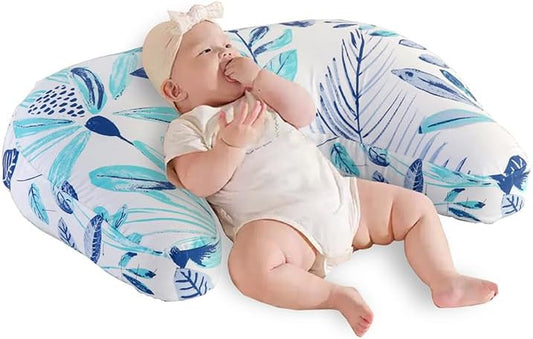 Whispering Leaves 1 Piece Nursing Pillowcase, C-Shaped Breastfeeding Support Cushion Cover, Blue and White Tropical Leaf Pattern, Polyester Fill, Standard Size