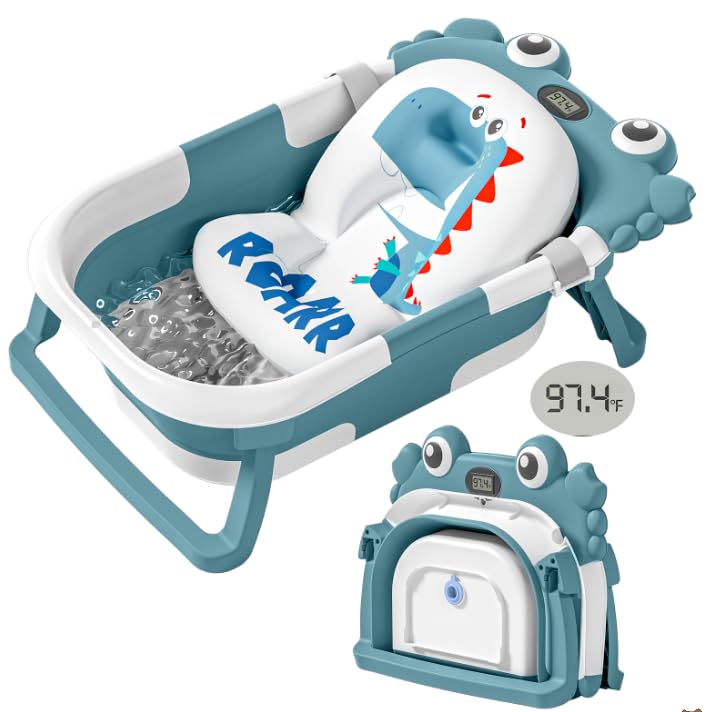 Baby Blue Bathtub for Newborns with Thermometer and Soft Floating Cushion