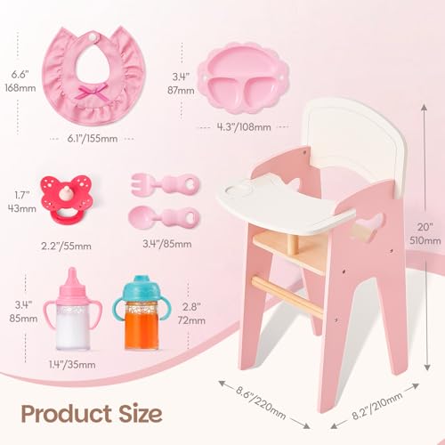 Wooden Baby Doll High Chair Feeding Set | Pretend Play Toy for Kids
